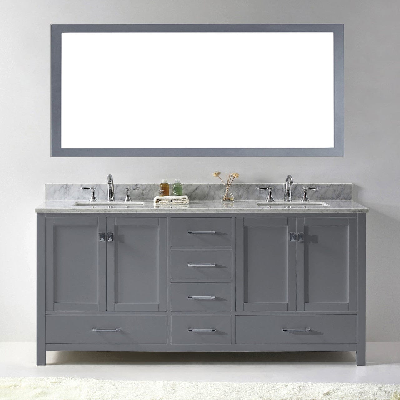 Virtu USA Caroline Avenue 72 Double Bathroom Vanity Set in Grey w/ Italian Carrara White Marble Counter-Top | Square Basin