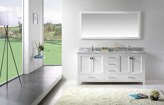 Virtu USA Caroline Avenue 72" Double Bathroom Vanity Cabinet Set in White w/ Italian Carrara White Marble Counter-Top, Round Basin