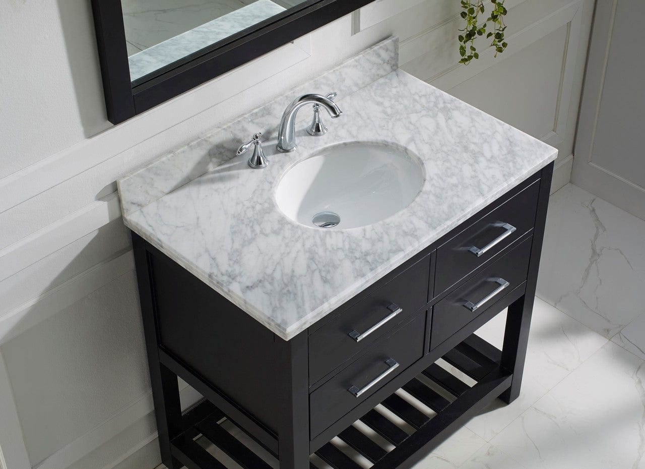 Virtu USA Caroline Estate 36 Single Bathroom Vanity Set in Espresso w/ Italian Carrara White Marble Counter-Top | Round Basin