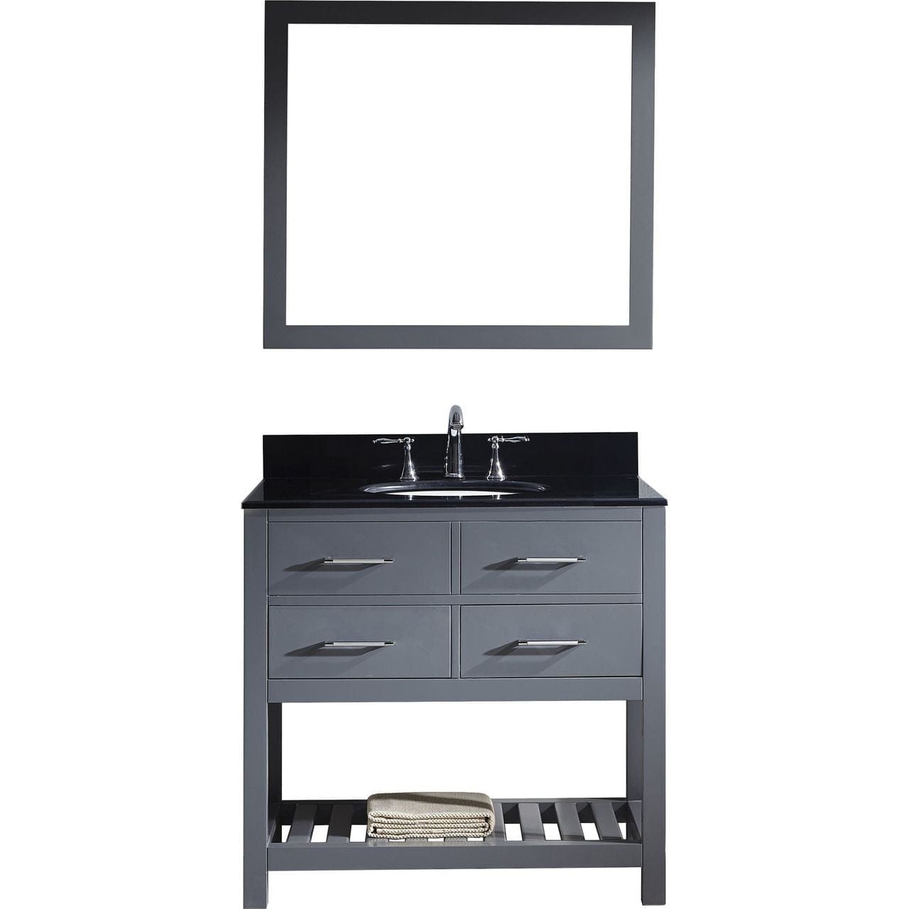 Virtu USA Caroline Estate 36" Single Bathroom Vanity Set in Grey w/ Black Galaxy Granite Counter-Top | Round Basin