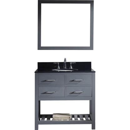 Virtu USA Caroline Estate 36" Single Bathroom Vanity Set in Grey w/ Black Galaxy Granite Counter-Top | Round Basin