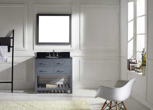 Virtu USA Caroline Estate 36 Single Bathroom Vanity Set in Grey w/ Black Galaxy Granite Counter-Top | Round Basin