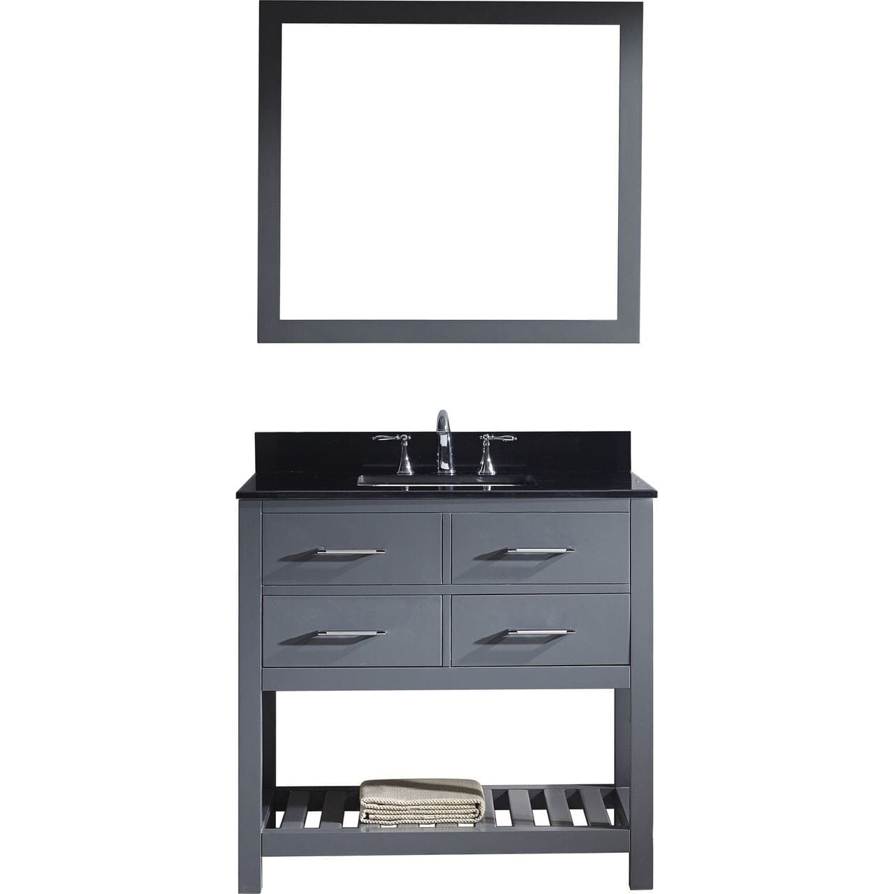 Virtu USA Caroline Estate 36" Single Bathroom Vanity Set in Grey w/ Black Galaxy Granite Counter-Top | Square Basin