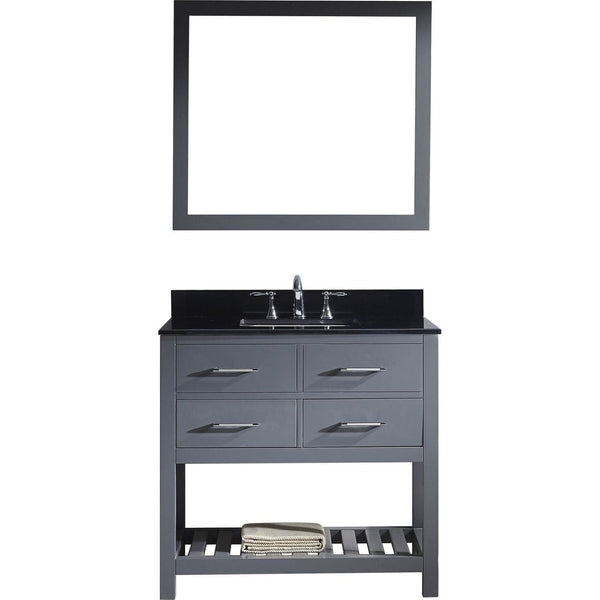 Virtu USA Caroline Estate 36 Single Bathroom Vanity Set in Grey w/ Black Galaxy Granite Counter-Top | Square Basin