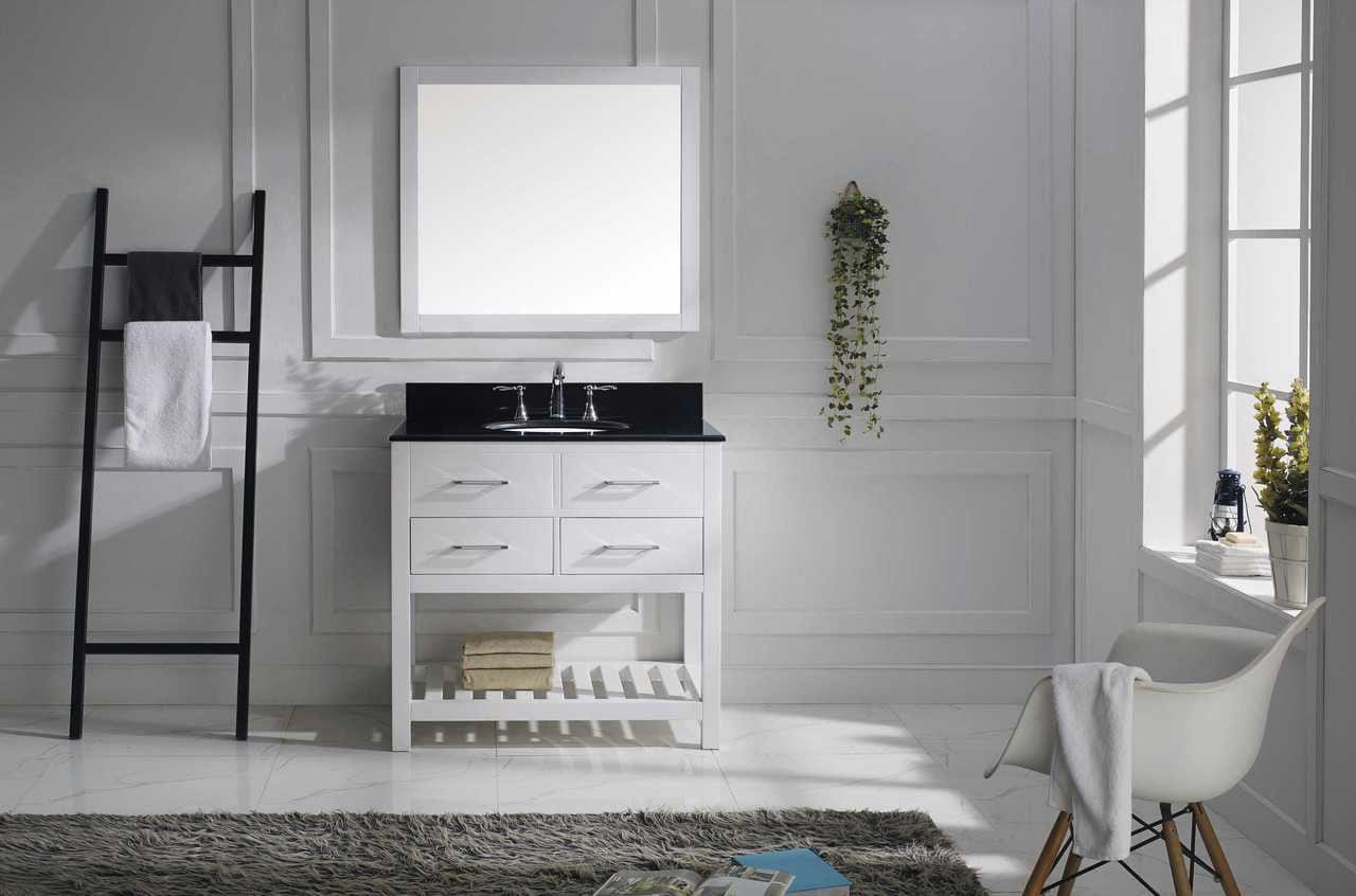 Virtu USA Caroline Estate 36 Single Bathroom Vanity Set in White w/ Black Galaxy Granite Counter-Top | Round Basin