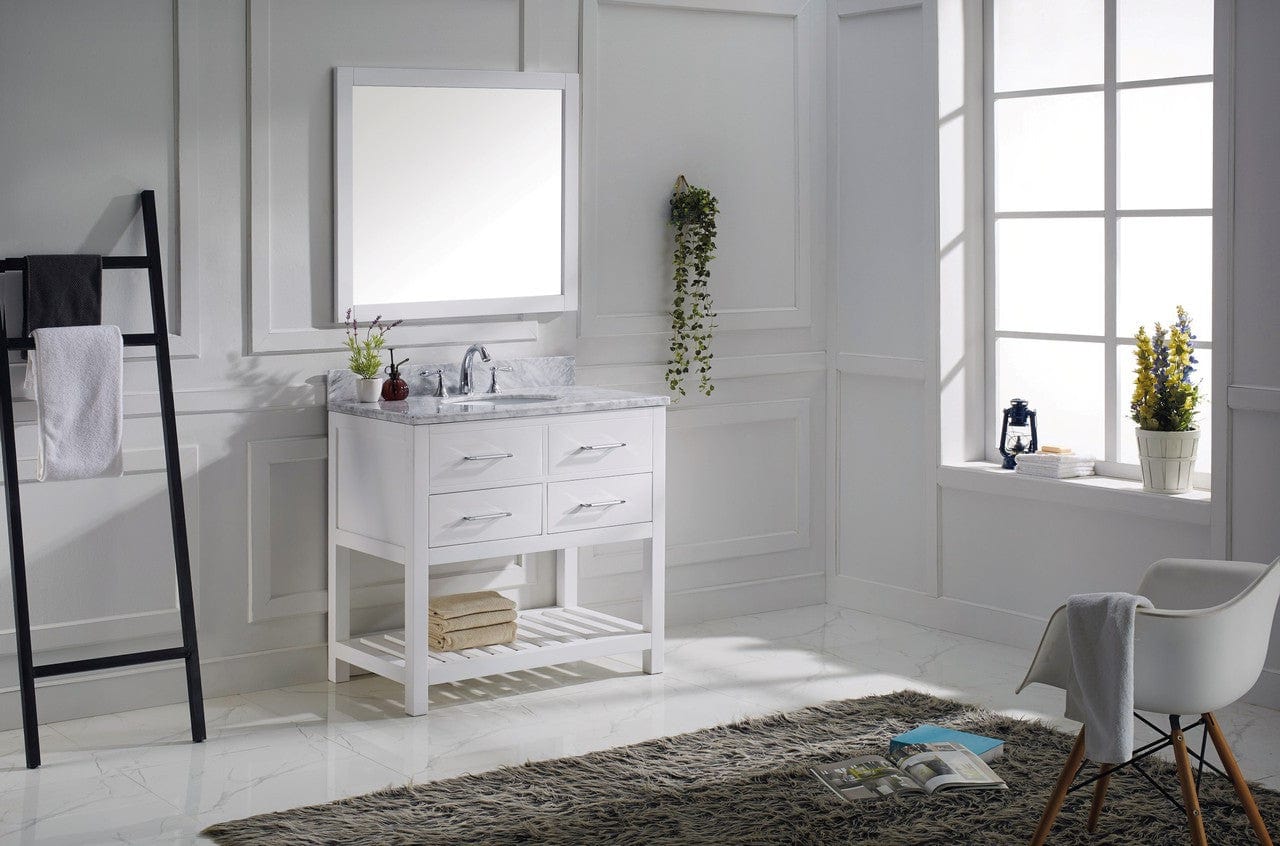 Virtu USA Caroline Estate 36 Single Bathroom Vanity Set in White w/ Italian Carrara White Marble Counter-Top | Round Basin