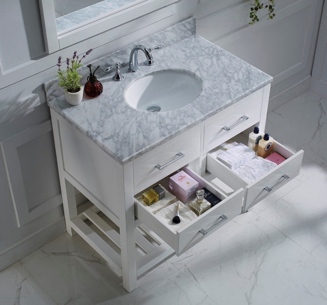 Virtu USA Caroline Estate 36 Single Bathroom Vanity Set in White w/ Italian Carrara White Marble Counter-Top | Round Basin