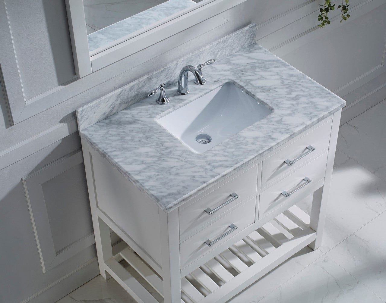 Virtu USA Caroline Estate 36 Single Bathroom Vanity Set in White w/ Italian Carrara White Marble Counter-Top | Square Basin