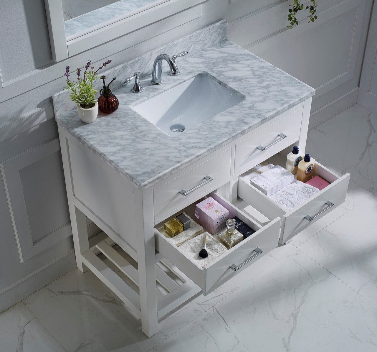 Virtu USA Caroline Estate 36 Single Bathroom Vanity Set in White w/ Italian Carrara White Marble Counter-Top | Square Basin