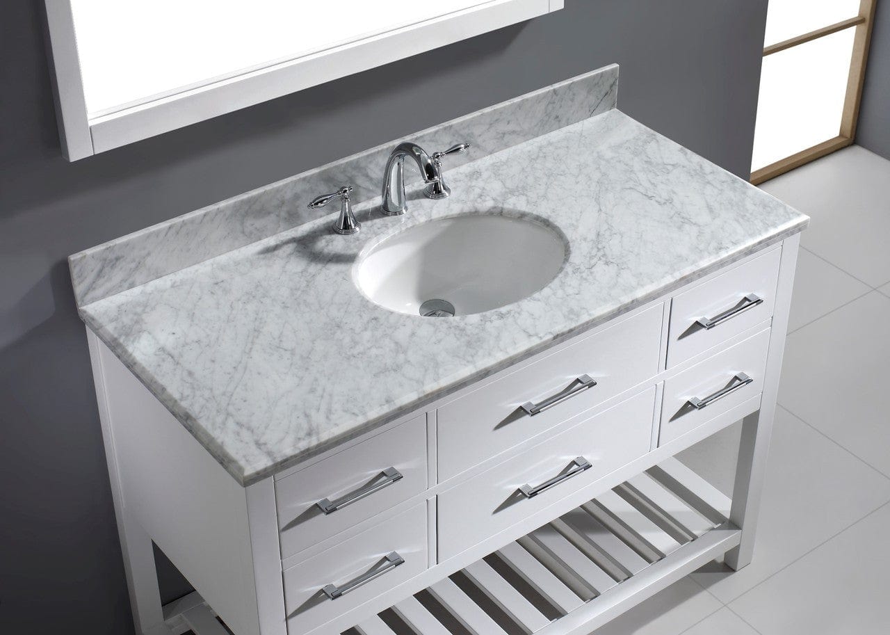 Virtu USA Caroline Estate 48" Single Bathroom Vanity Cabinet Set in White w/ Italian Carrara White Marble Counter-Top, Round Basin