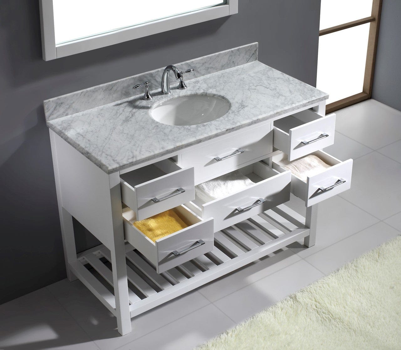 Virtu USA Caroline Estate 48 Single Bathroom Vanity Set in White w/ Italian Carrara White Marble Counter-Top | Round Basin