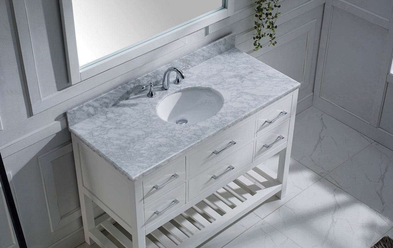 Virtu USA Caroline Estate 48 Single Bathroom Vanity Set in White w/ Italian Carrara White Marble Counter-Top | Round Basin