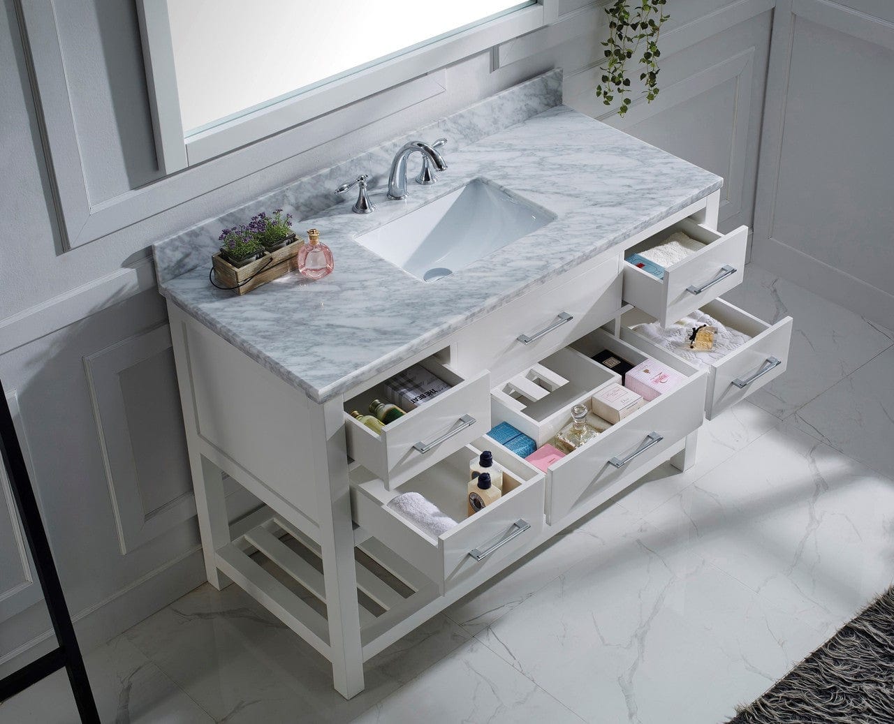 Virtu USA Caroline Estate 48 Single Bathroom Vanity Set in White w/ Italian Carrara White Marble Counter-Top | Square Basin