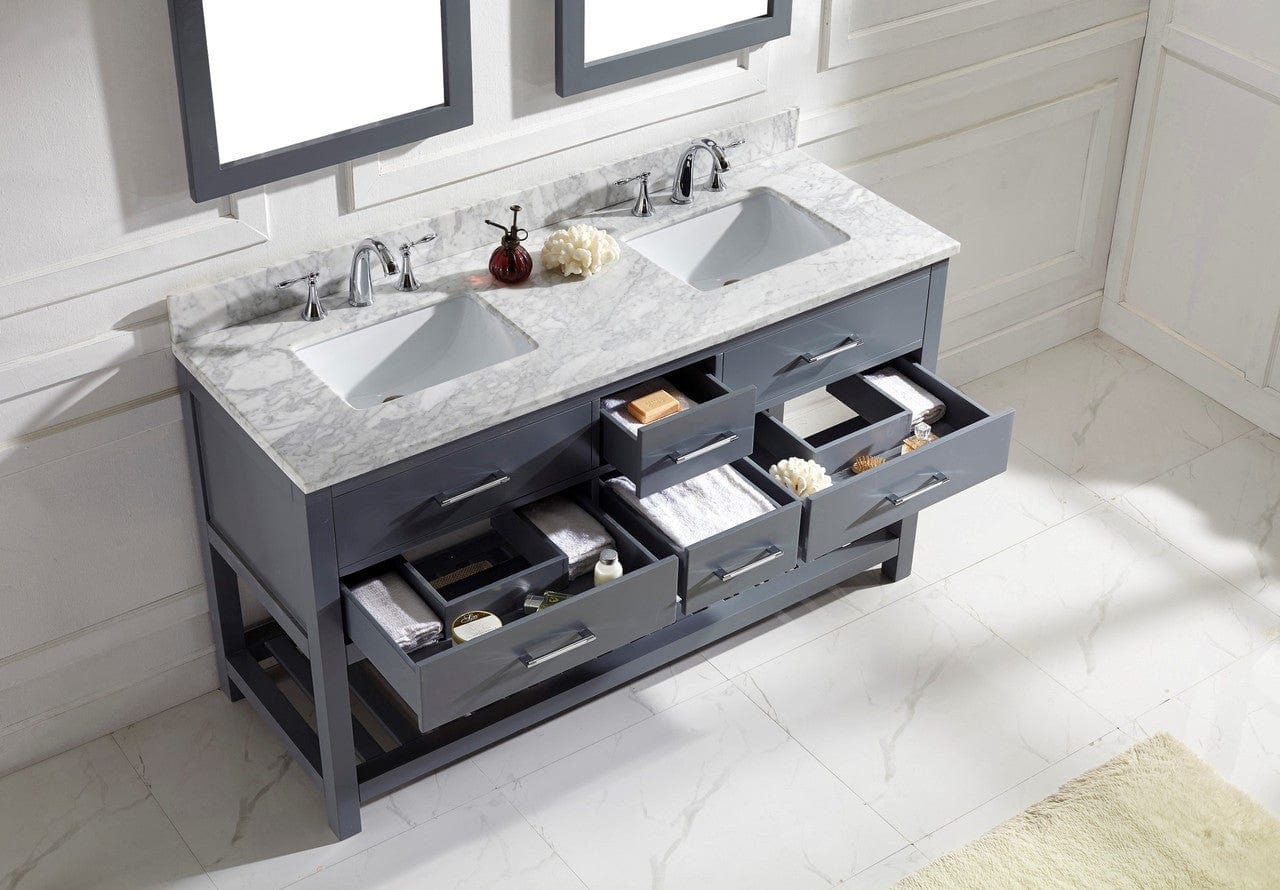 Virtu USA Caroline Estate 60 Double Bathroom Vanity Cabinet Set in Grey w/ Italian Carrara White Marble Counter-Top | Square Basin