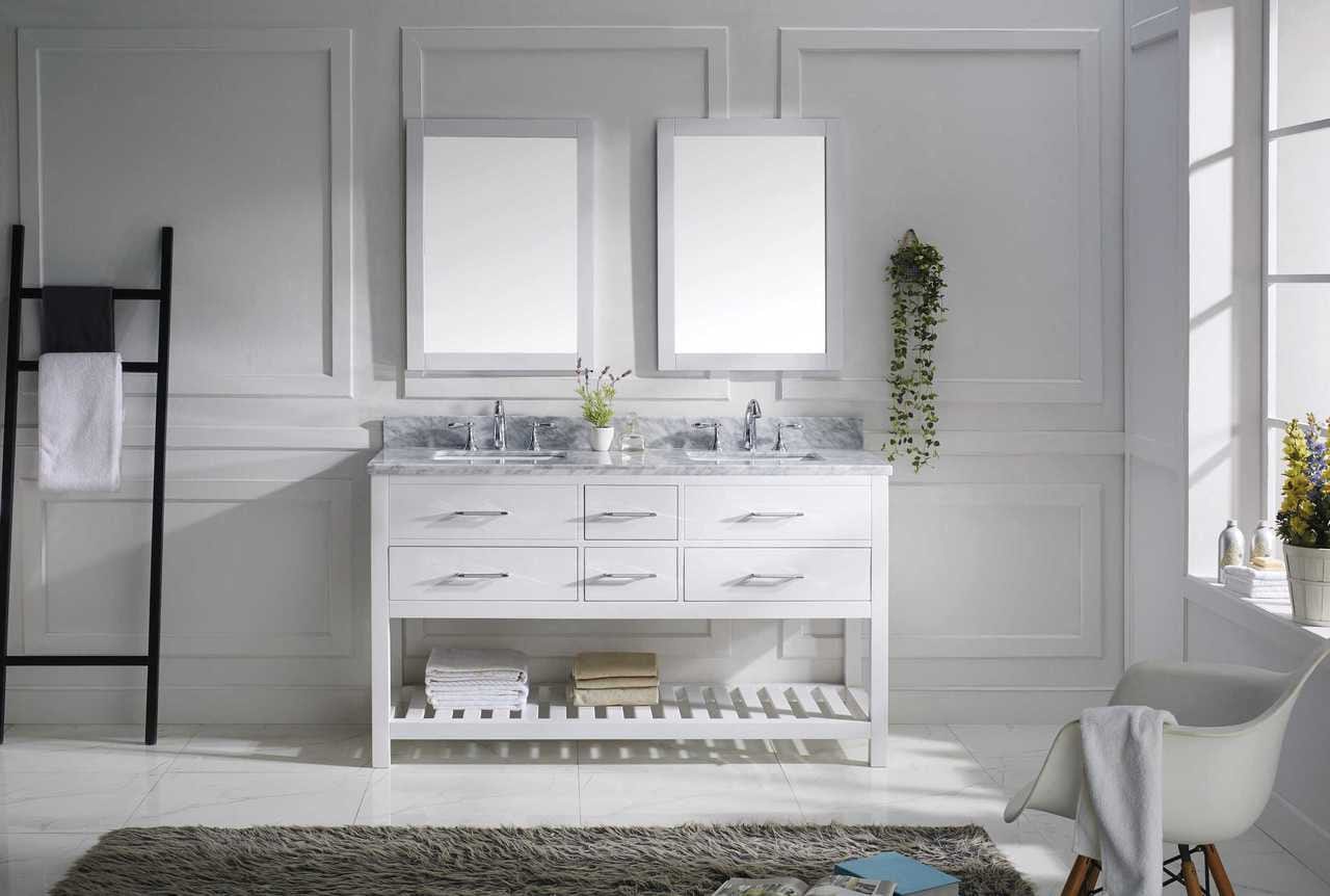 Virtu USA Caroline Estate 60 Double Bathroom Vanity Cabinet Set in White w/ Italian Carrara White Marble Counter-Top | Square Basin