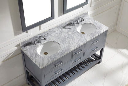 Virtu USA Caroline Estate 60 Double Bathroom Vanity Set in Grey w/ Italian Carrara White Marble Counter-Top |Ê Round Basin