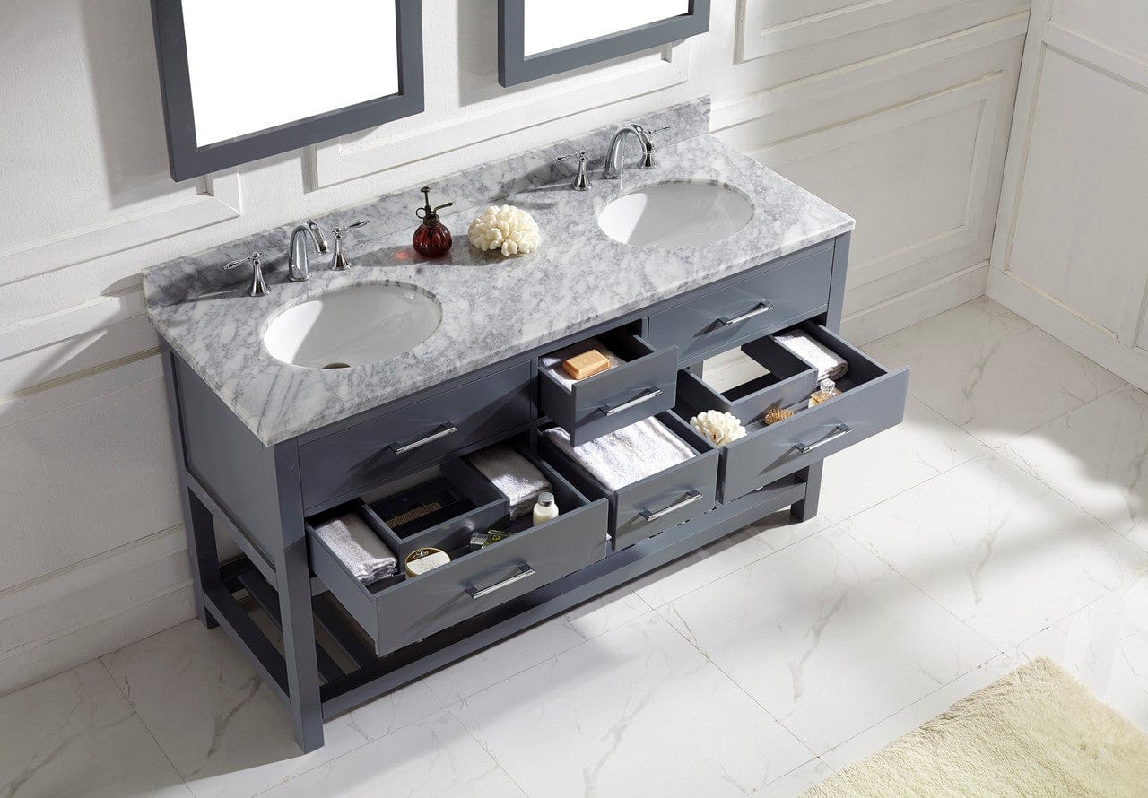 Virtu USA Caroline Estate 60 Double Bathroom Vanity Set in Grey w/ Italian Carrara White Marble Counter-Top |Ê Round Basin