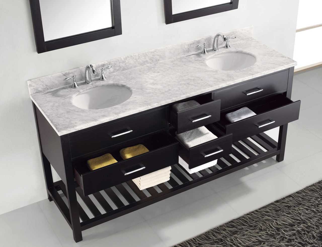 Virtu USA Caroline Estate 72 Double Bathroom Vanity Set in Espresso w/ Italian Carrara White Marble Counter-Top |Ê Round Basin