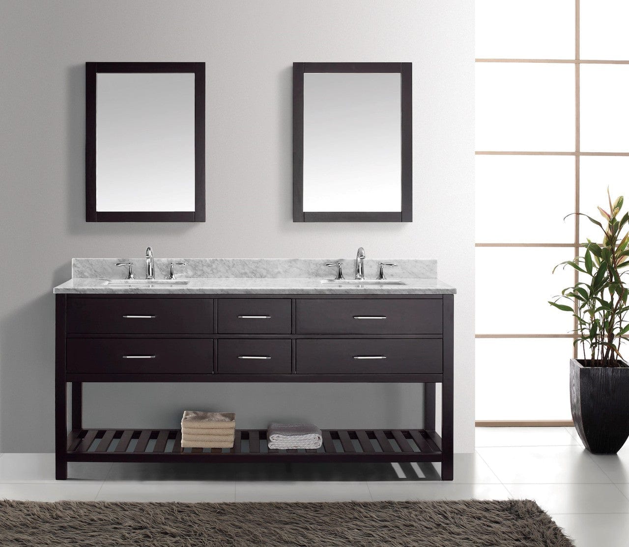 Virtu USA Caroline Estate 72 Double Bathroom Vanity Set in Espresso w/ Italian Carrara White Marble Counter-Top | Square Basin