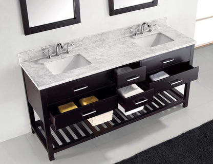 Virtu USA Caroline Estate 72 Double Bathroom Vanity Set in Espresso w/ Italian Carrara White Marble Counter-Top | Square Basin