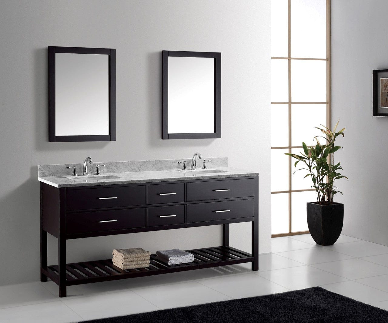 Virtu USA Caroline Estate 72 Double Bathroom Vanity Set in Espresso w/ Italian Carrara White Marble Counter-Top | Square Basin