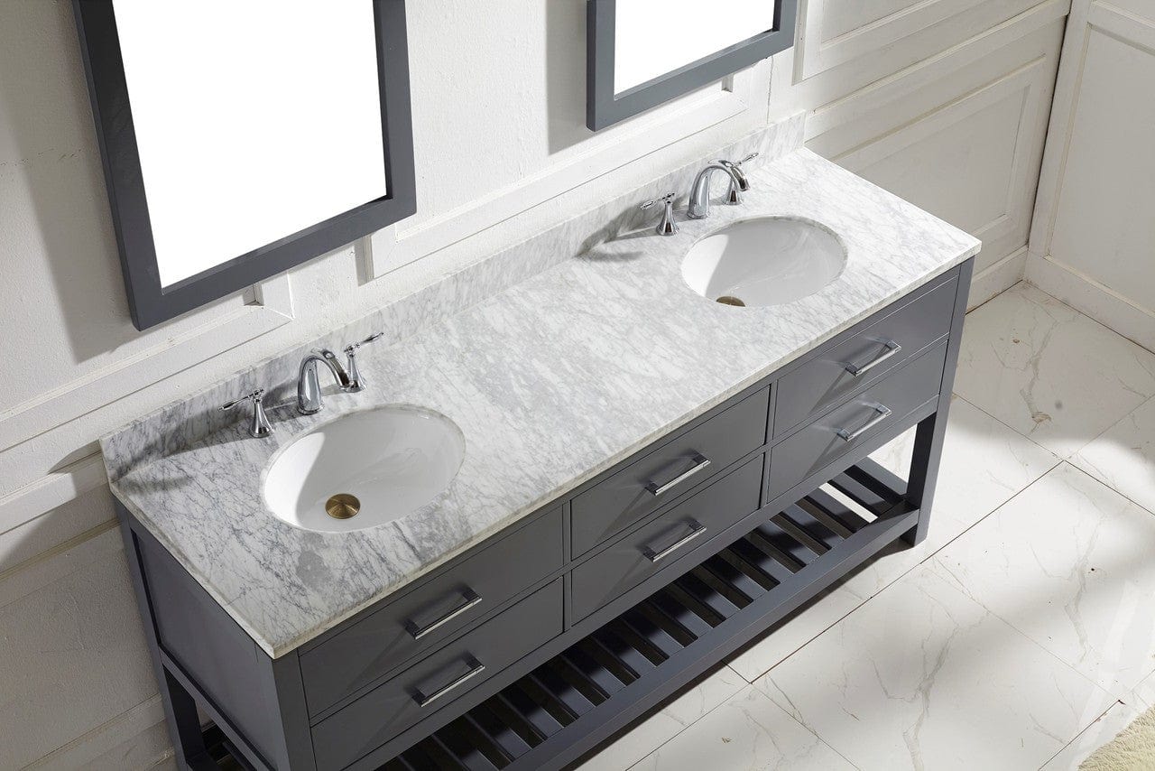 Virtu USA Caroline Estate 72 Double Bathroom Vanity Set in Grey w/ Italian Carrara White Marble Counter-Top |Ê Round Basin