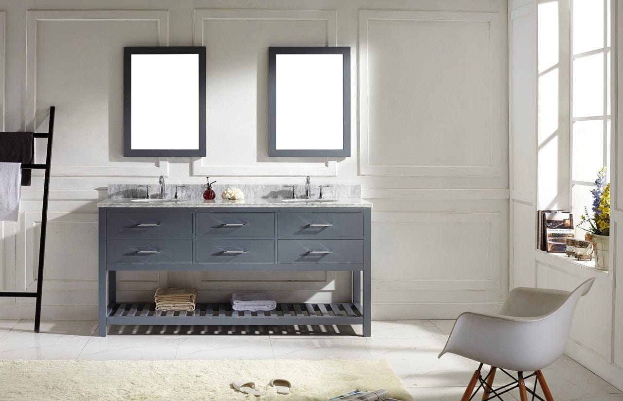 Virtu USA Caroline Estate 72" Double Bathroom Vanity Cabinet Set in Grey w/ Italian Carrara White Marble Counter-Top, Round Basin