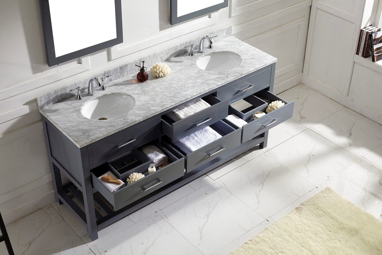 Virtu USA Caroline Estate 72 Double Bathroom Vanity Set in Grey w/ Italian Carrara White Marble Counter-Top |Ê Round Basin