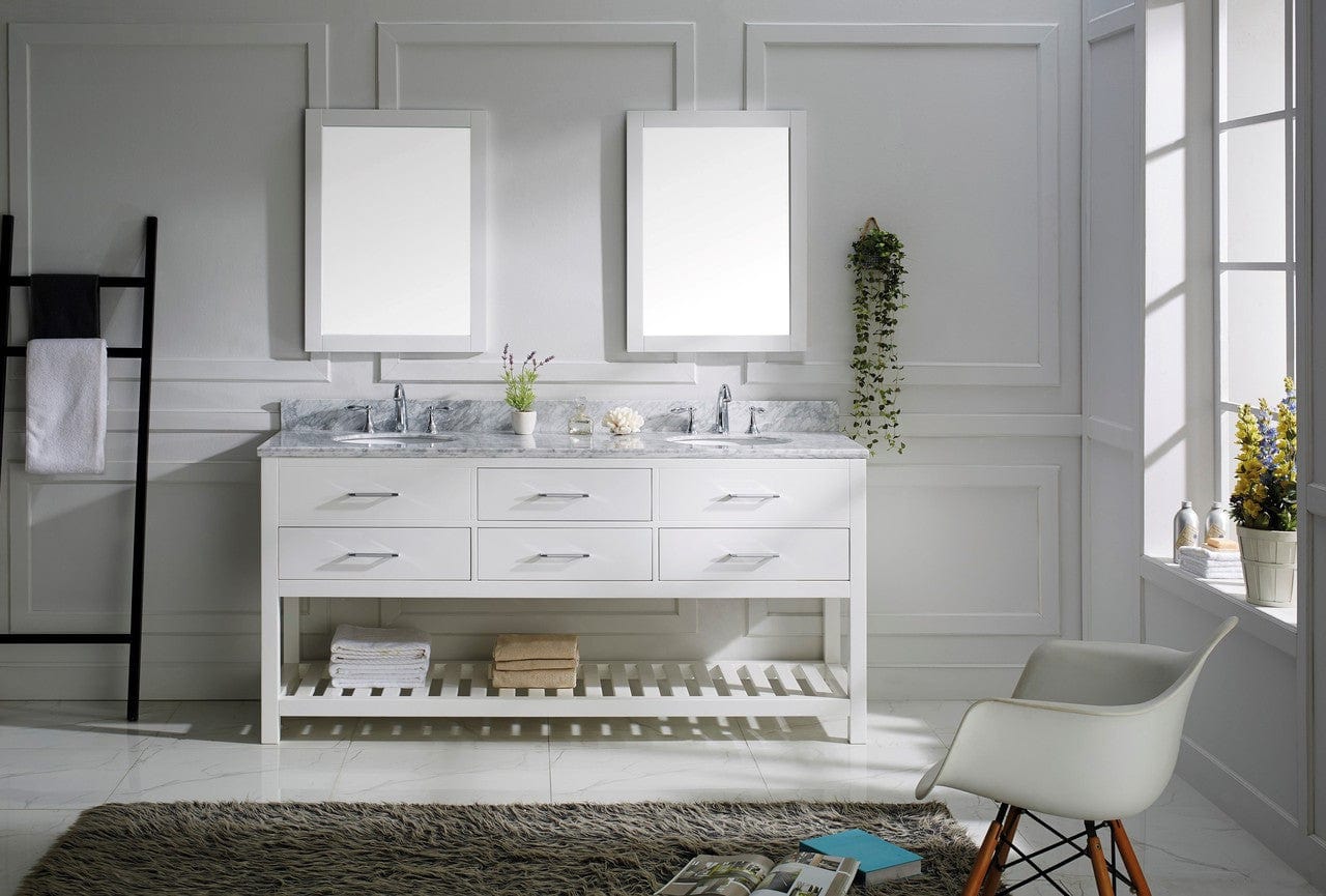 Virtu USA Caroline Estate 72" Double Bathroom Vanity Cabinet Set in White w/ Italian Carrara White Marble Counter-Top, Round Basin