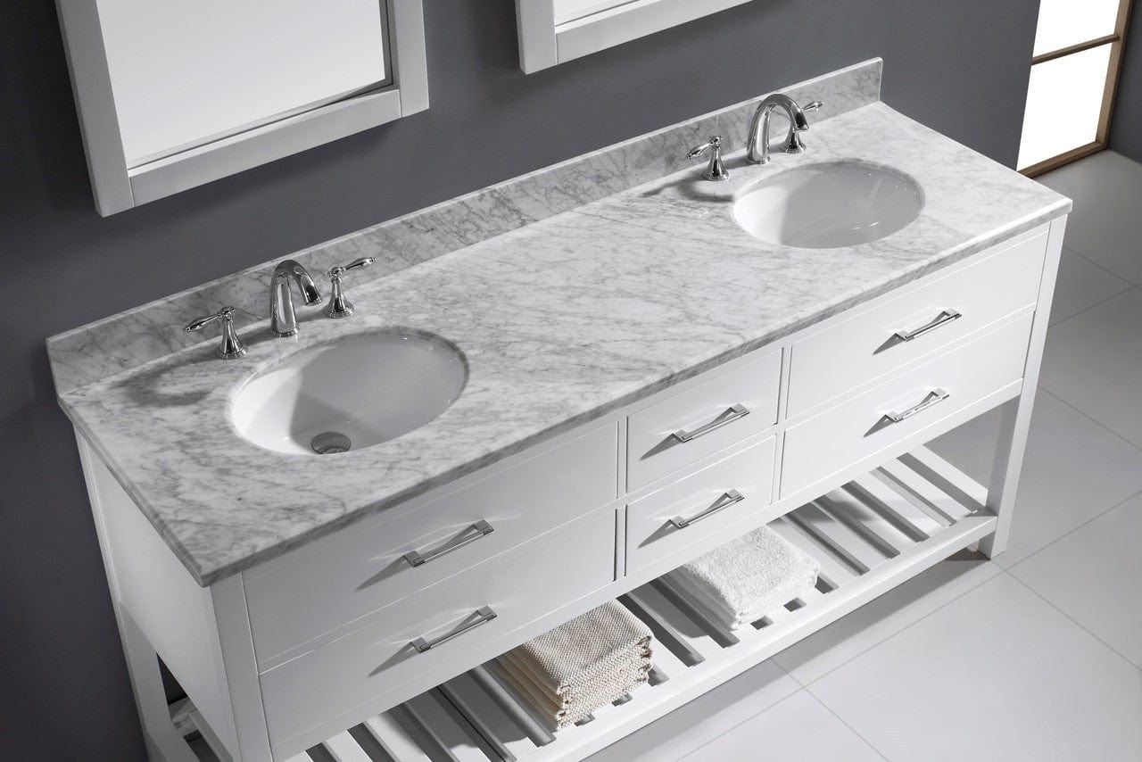 Virtu USA Caroline Estate 72 Double Bathroom Vanity Set in White w/ Italian Carrara White Marble Counter-Top |Ê Round Basin