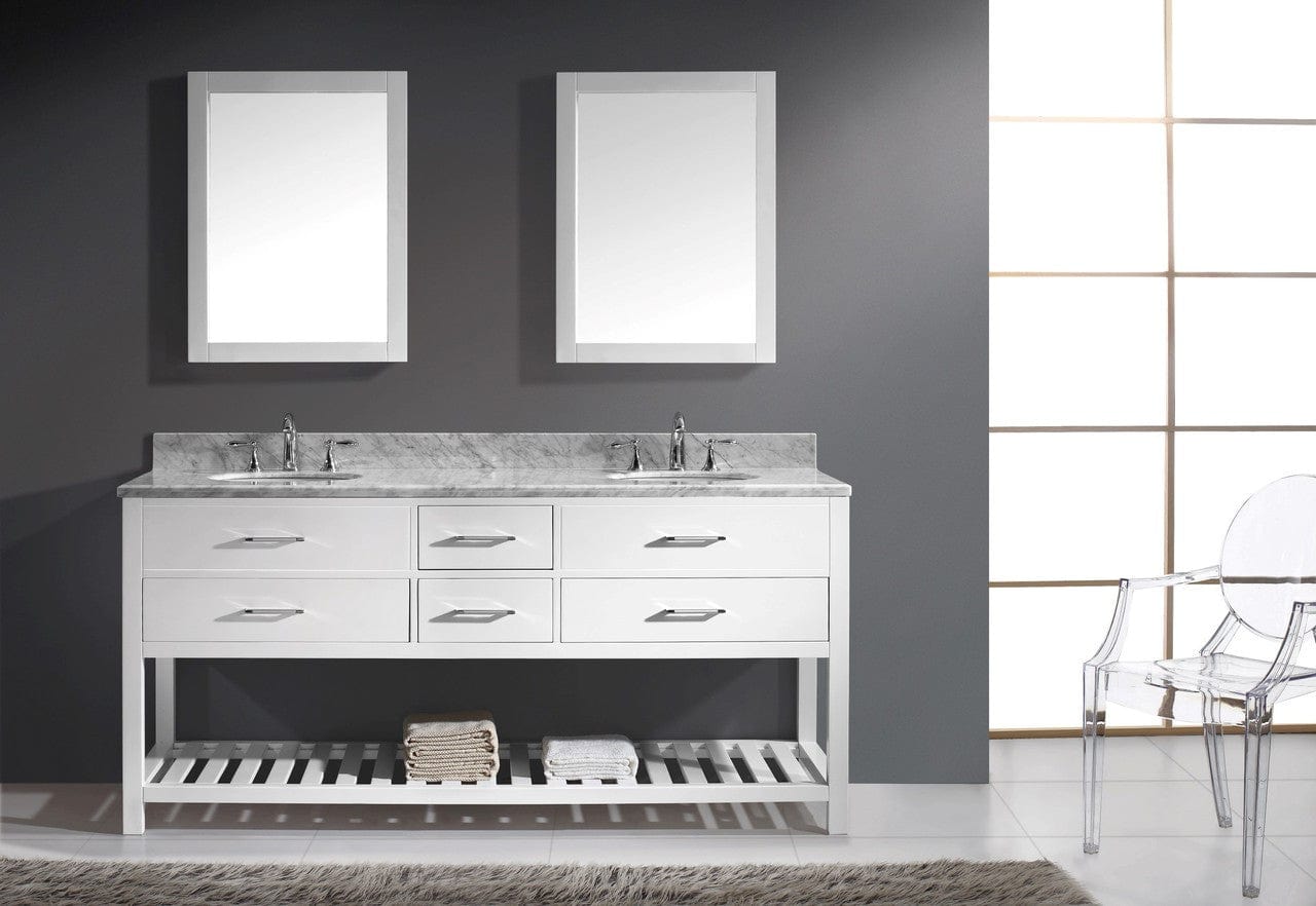 Virtu USA Caroline Estate 72 Double Bathroom Vanity Set in White w/ Italian Carrara White Marble Counter-Top |Ê Round Basin