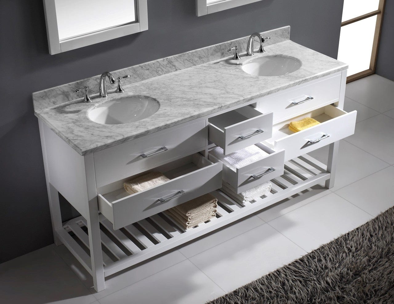 Virtu USA Caroline Estate 72 Double Bathroom Vanity Set in White w/ Italian Carrara White Marble Counter-Top |Ê Round Basin