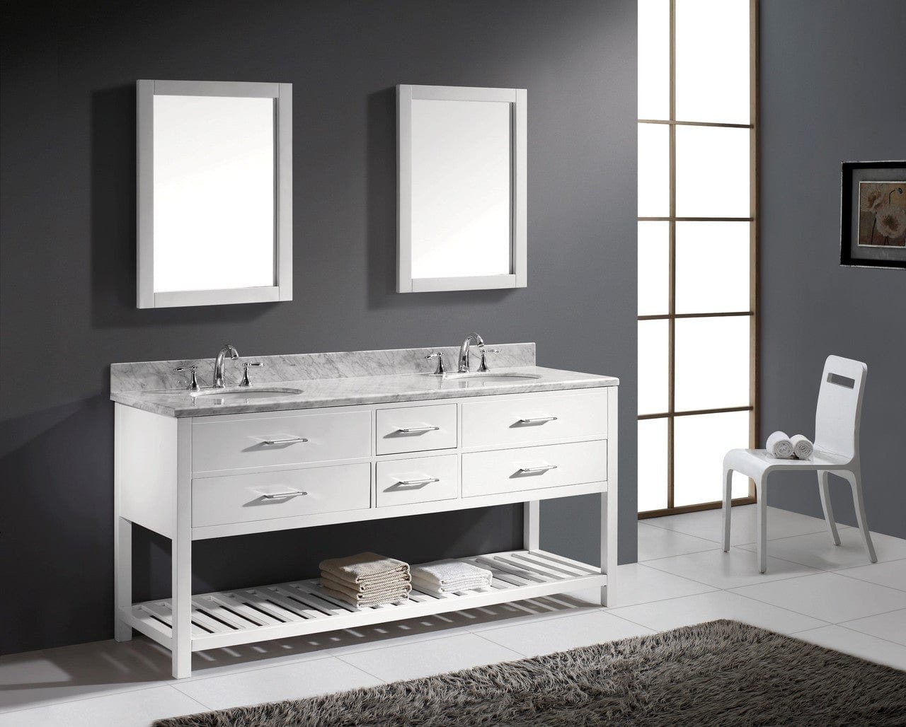 Virtu USA Caroline Estate 72 Double Bathroom Vanity Set in White w/ Italian Carrara White Marble Counter-Top |Ê Round Basin