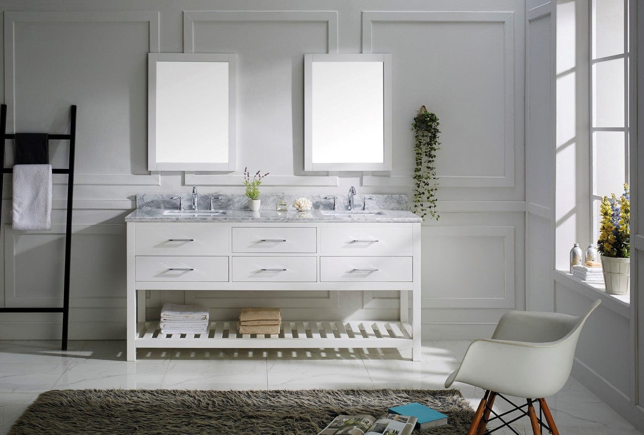 Virtu USA Caroline Estate 72 Double Bathroom Vanity Set in White w/ Italian Carrara White Marble Counter-Top | Square Basin