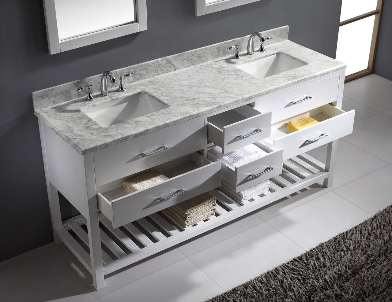 Virtu USA Caroline Estate 72 Double Bathroom Vanity Set in White w/ Italian Carrara White Marble Counter-Top | Square Basin