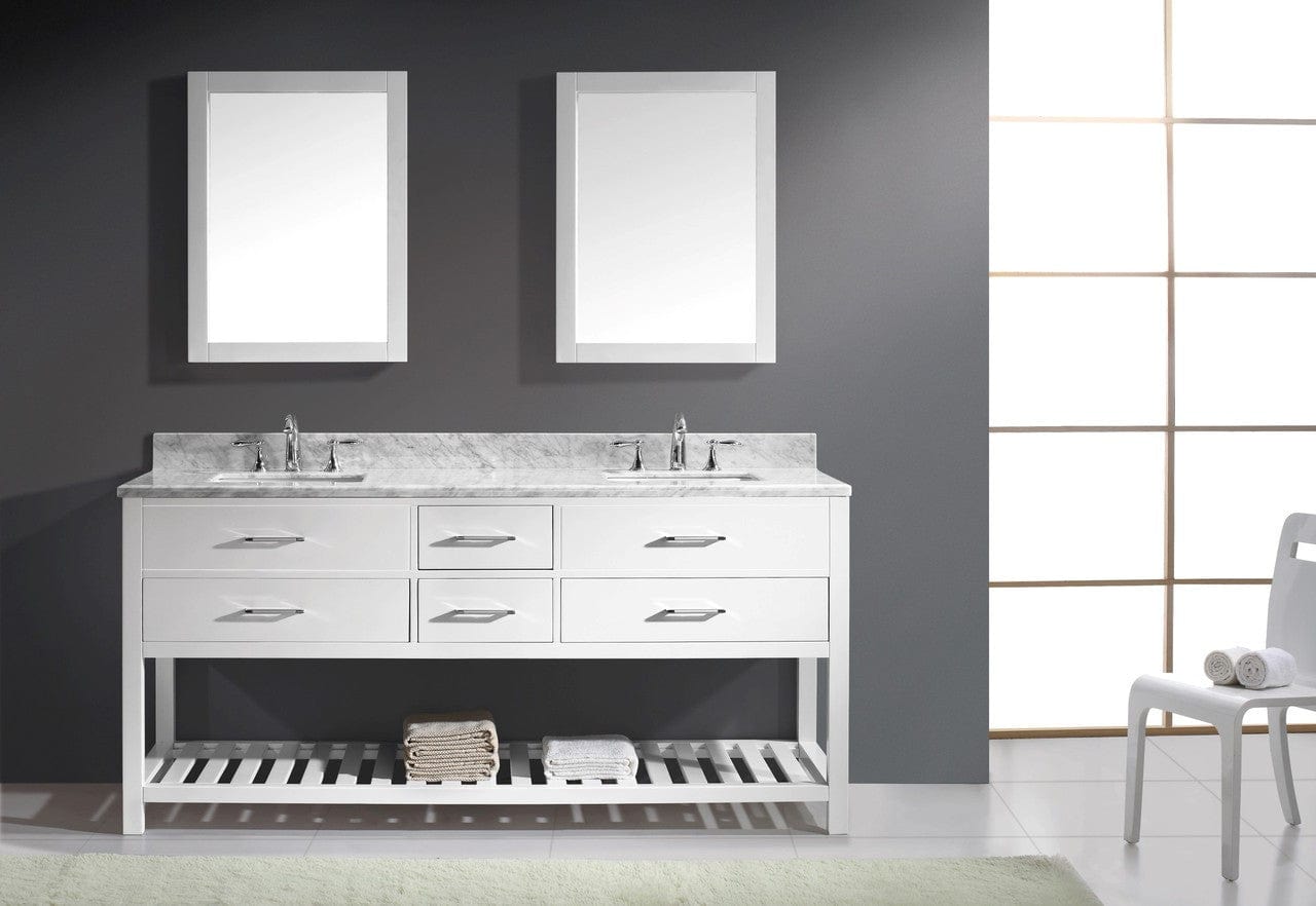 Virtu USA Caroline Estate 72 Double Bathroom Vanity Set in White w/ Italian Carrara White Marble Counter-Top | Square Basin