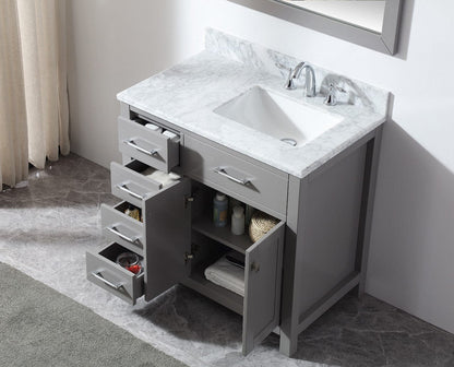 Virtu USA Caroline Parkway 36 Single Bathroom Vanity in Cashmere Grey - Leftside basin w/ Marble Top & Square Sink