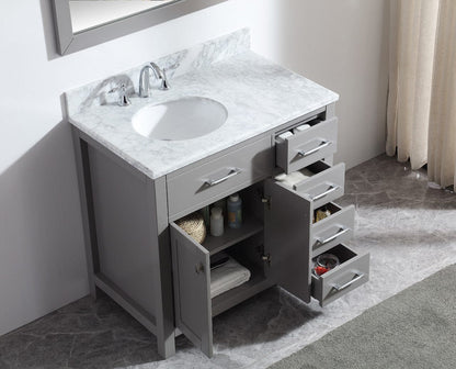 Virtu USA Caroline Parkway 36 Single Bathroom Vanity in Cashmere Grey - Rightside basin w/ Marble Top & Round Sink