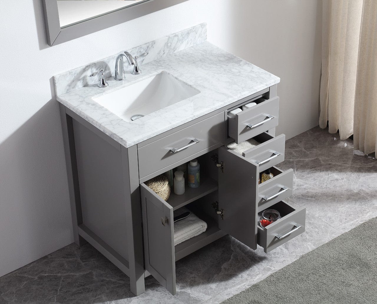 Virtu USA Caroline Parkway 36 Single Bathroom Vanity in Cashmere Grey - Rightside basin w/ Marble Top & Square Sink