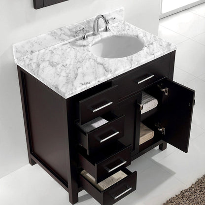 Virtu USA Caroline Parkway 36 Single Bathroom Vanity Set in Espresso w/ Italian Carrara White Marble Counter-Top | Round Basin - Leftside Drawer