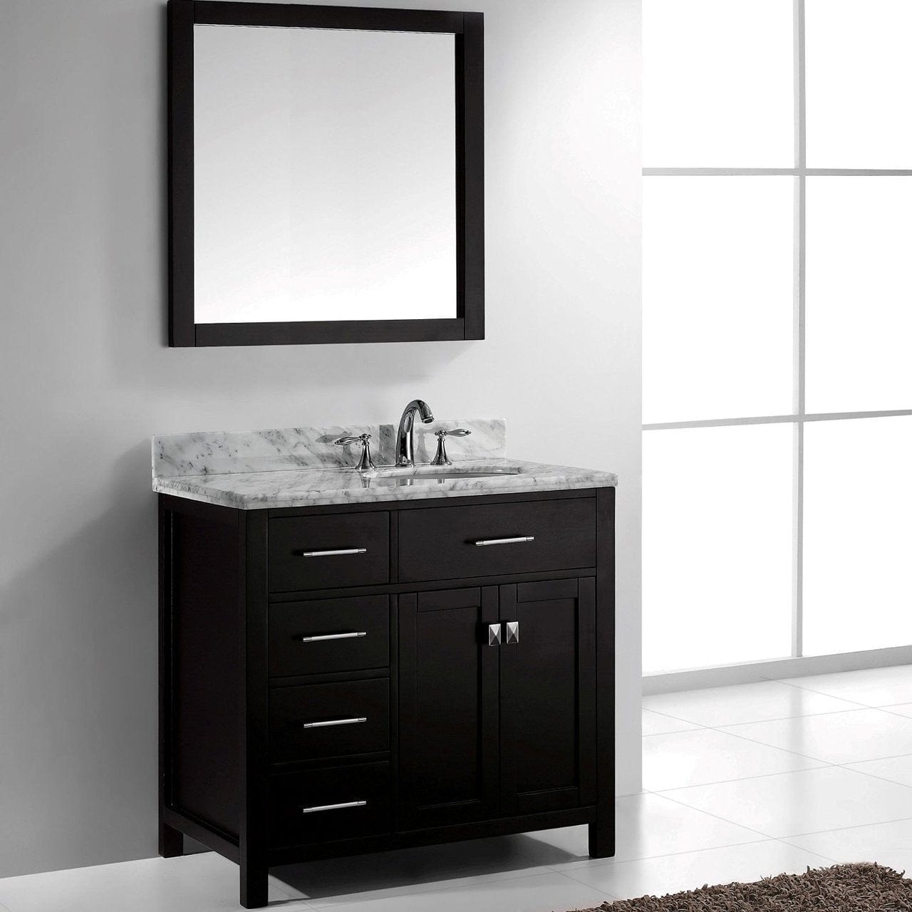 Virtu USA Caroline Parkway 36 Single Bathroom Vanity Set in Espresso w/ Italian Carrara White Marble Counter-Top | Round Basin - Leftside Drawer
