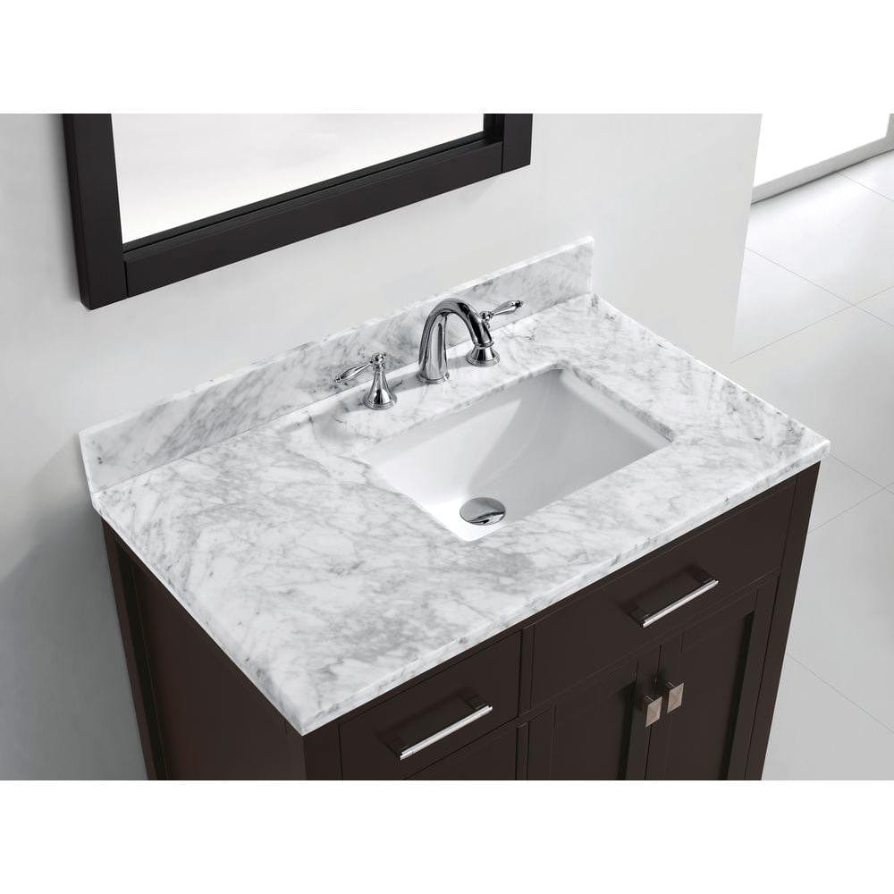 Virtu USA Caroline Parkway 36 Single Bathroom Vanity Set in Espresso w/ Italian Carrara White Marble Counter-Top | Square Basin - Leftside Drawer