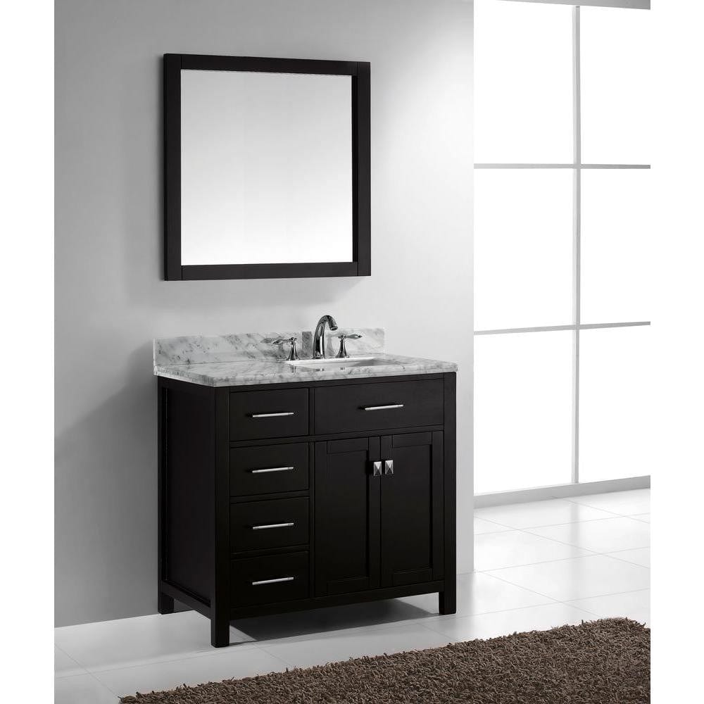 Virtu USA Caroline Parkway 36 Single Bathroom Vanity Set in Espresso w/ Italian Carrara White Marble Counter-Top | Square Basin - Leftside Drawer