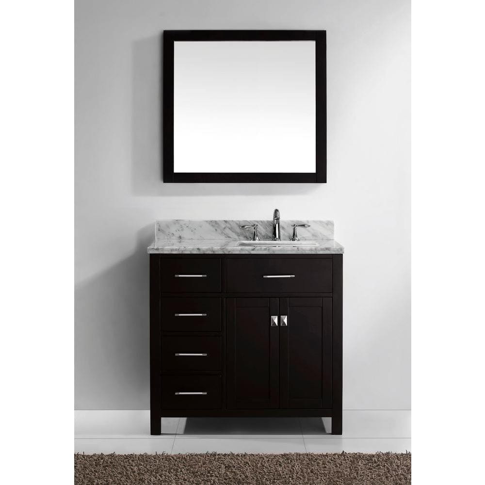 Virtu USA Caroline Parkway 36 Single Bathroom Vanity Set in Espresso w/ Italian Carrara White Marble Counter-Top | Square Basin - Leftside Drawer
