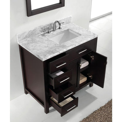 Virtu USA Caroline Parkway 36 Single Bathroom Vanity Set in Espresso w/ Italian Carrara White Marble Counter-Top | Square Basin - Leftside Drawer