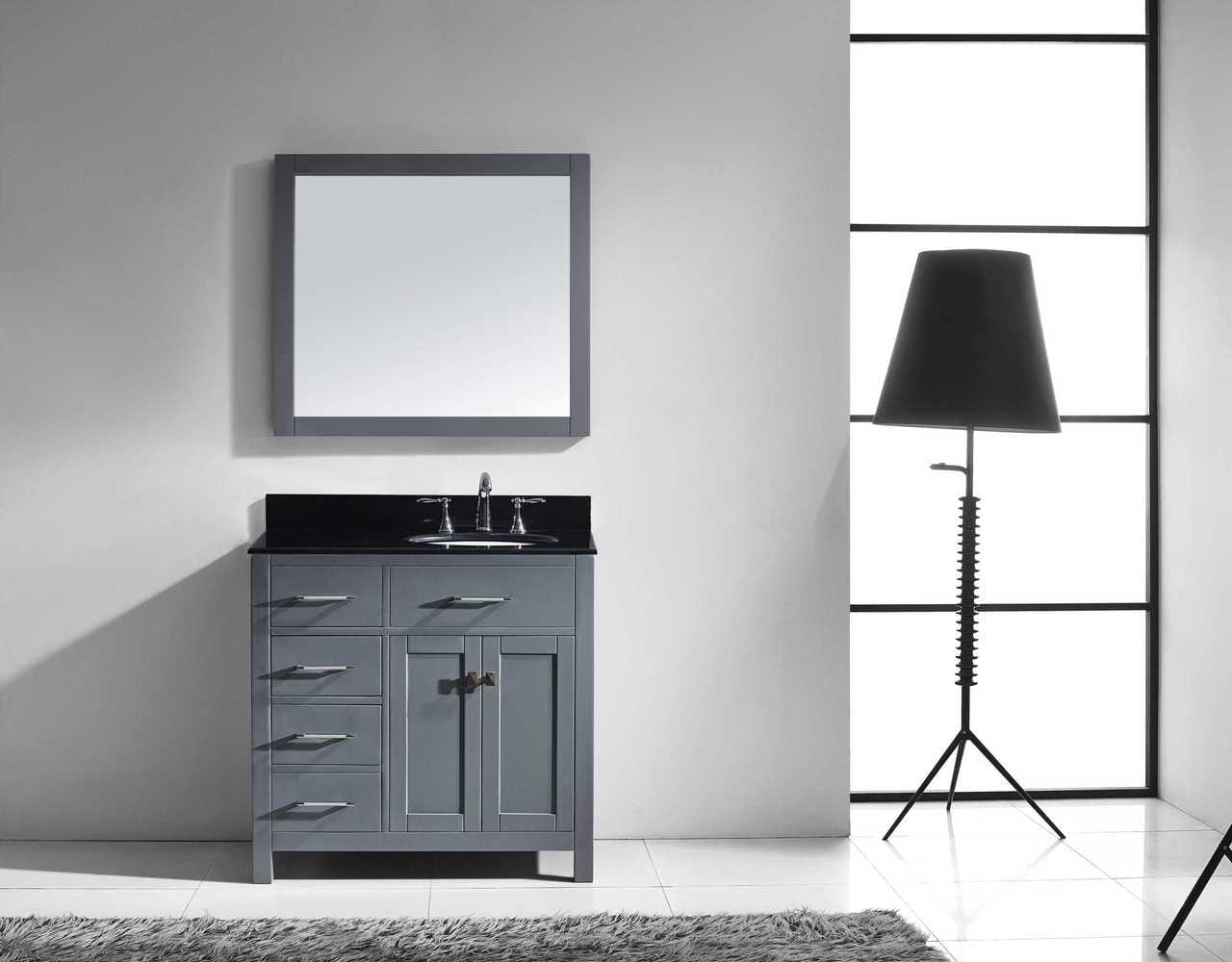 Virtu USA Caroline Parkway 36 Single Bathroom Vanity Set in Grey w/ Black Galaxy Granite Counter-Top | Round Basin - Leftside Drawer