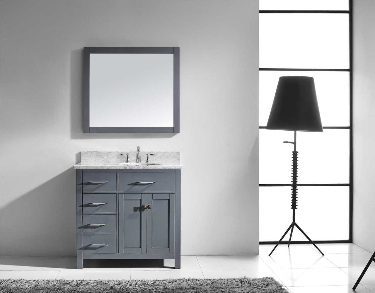 Virtu USA Caroline Parkway 36 Single Bathroom Vanity Set in Grey w/ Italian Carrara White Marble Counter-Top | Round Basin - Leftside Drawer