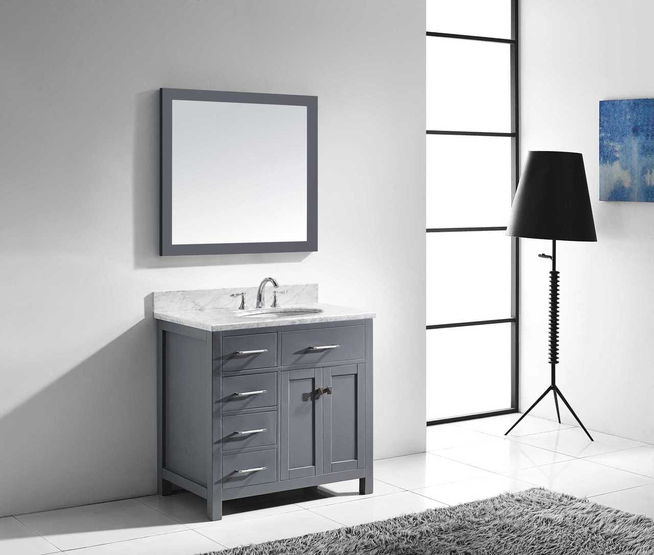 Virtu USA Caroline Parkway 36 Single Bathroom Vanity Set in Grey w/ Italian Carrara White Marble Counter-Top | Round Basin - Leftside Drawer