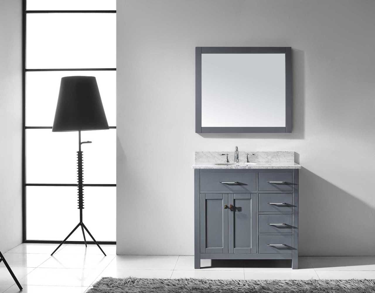 Virtu USA Caroline Parkway 36 Single Bathroom Vanity Set in Grey w/ Italian Carrara White Marble Counter-Top | Round Basin - Rightside Drawer