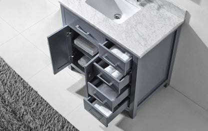 Virtu USA Caroline Parkway 36 Single Bathroom Vanity Set in Grey w/ Italian Carrara White Marble Counter-Top | Square Basin